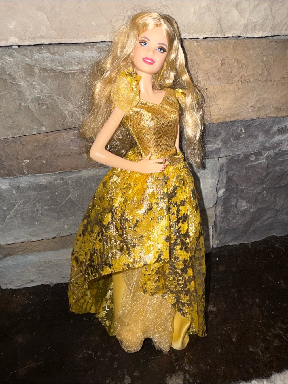 Barbie fashion blonde hair doll in formal gold ball gown